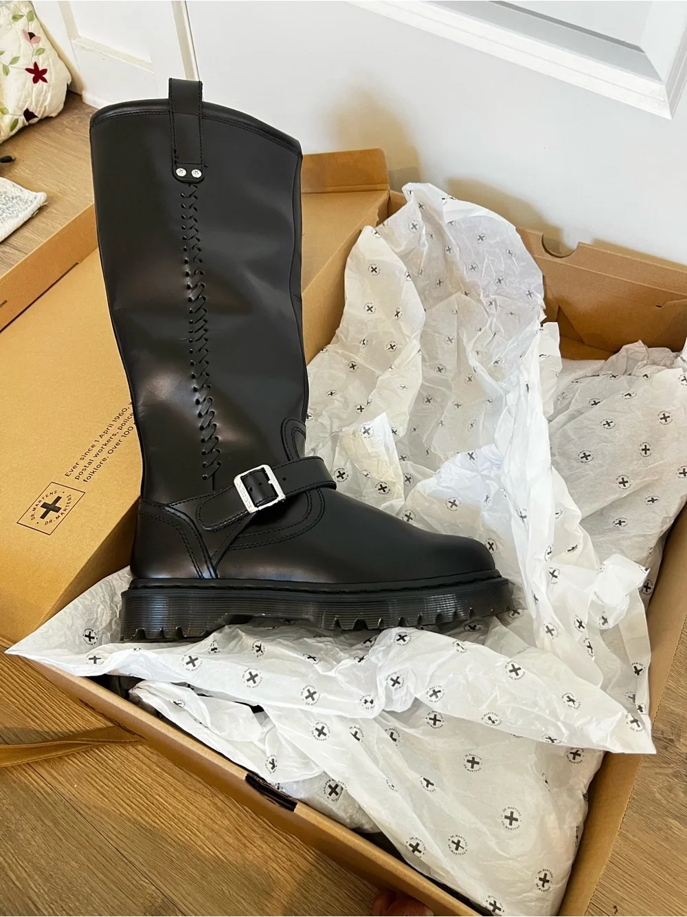 NIB Dr. Martens Aniston BKR  Black Knee-High Lug Sole Women's Boot